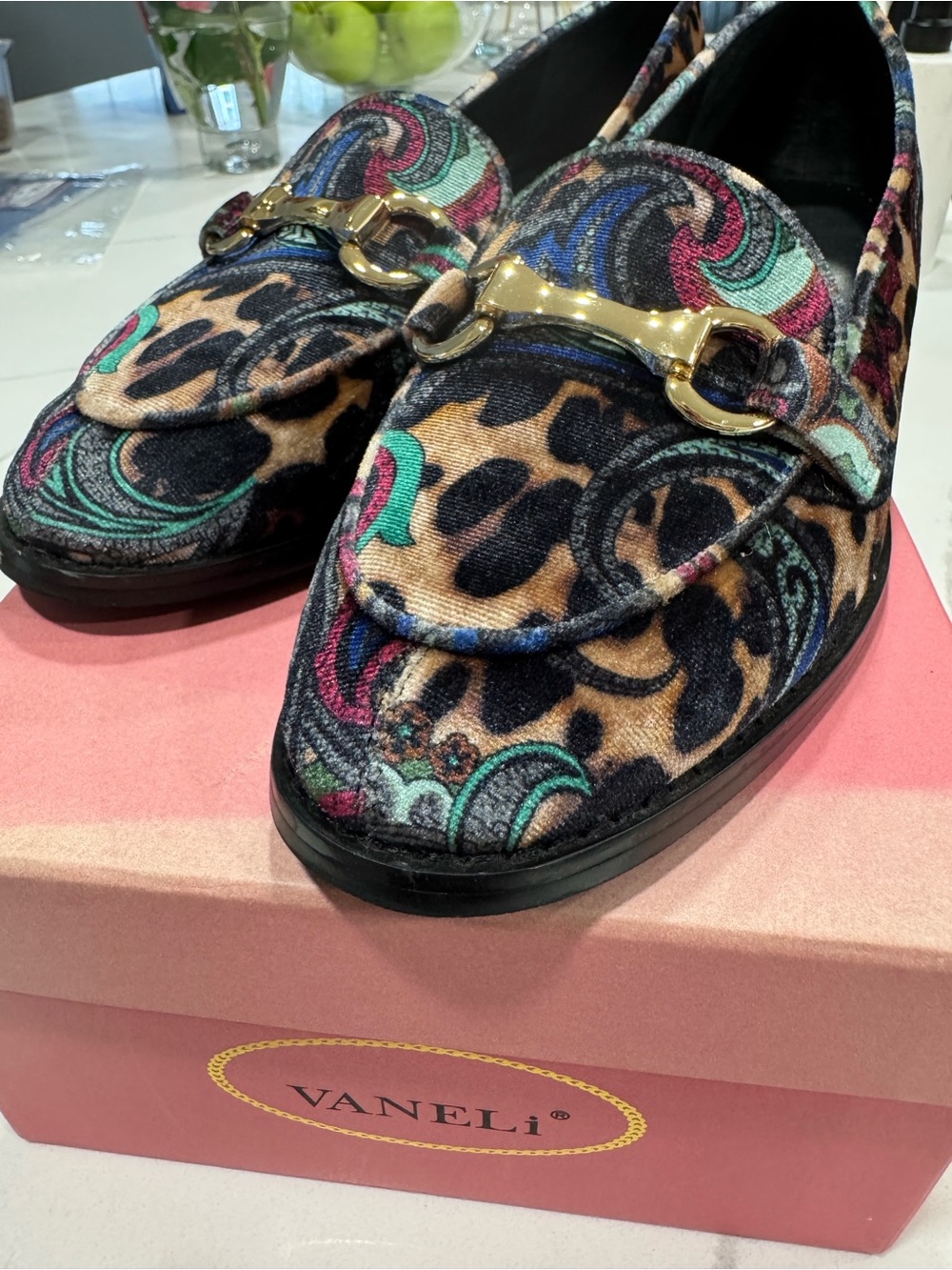 Vaneli Multicolor Paisley & Leopard Velvet Loafers with Gold Bit - Picture 2 of 11
